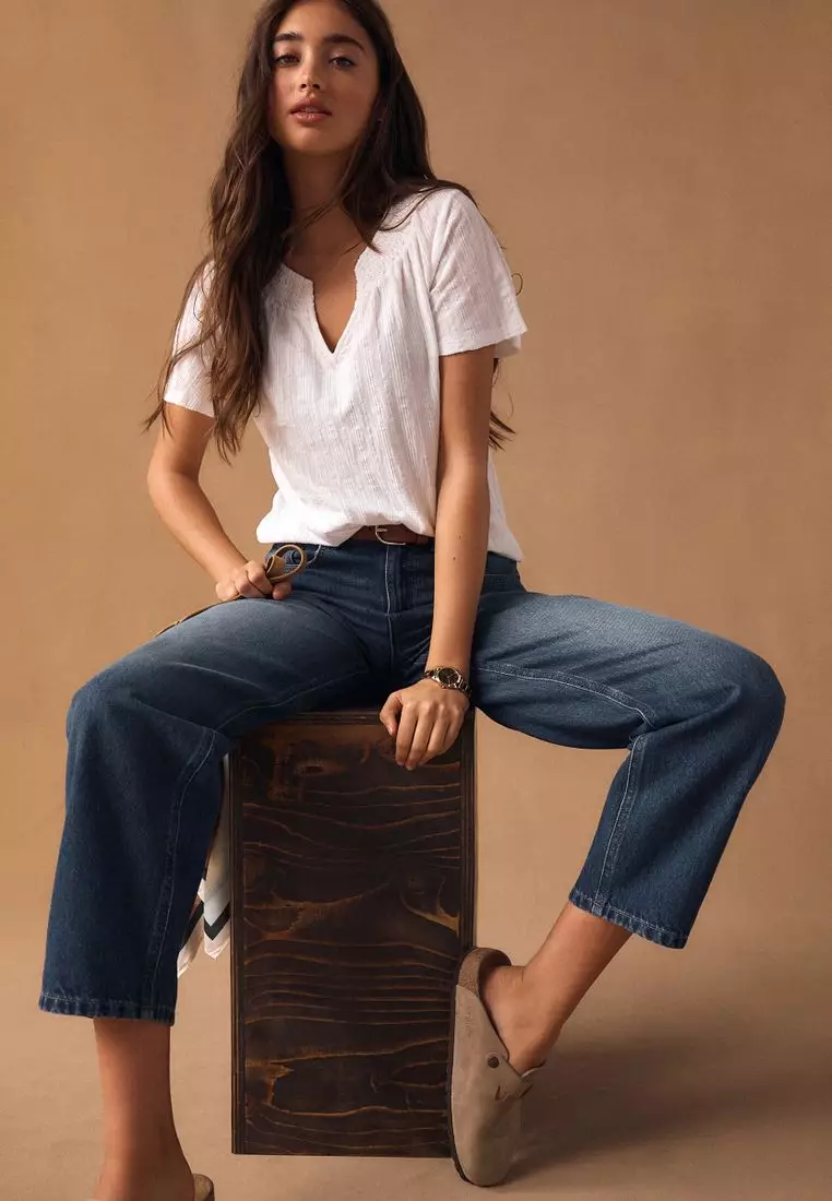 Short Sleeve Notch Neck Shirred Bubblehem T-Shirt