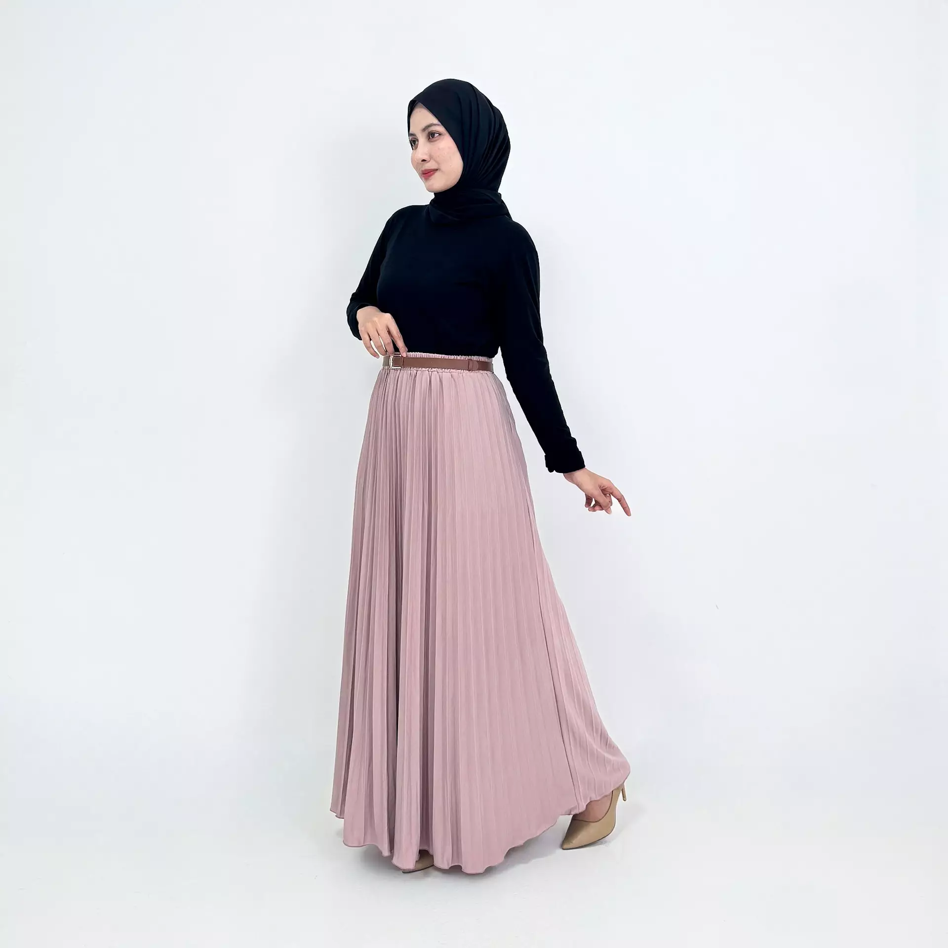 Basic Pleats Skirt Agni [COKLAT] Premium FREE BELT