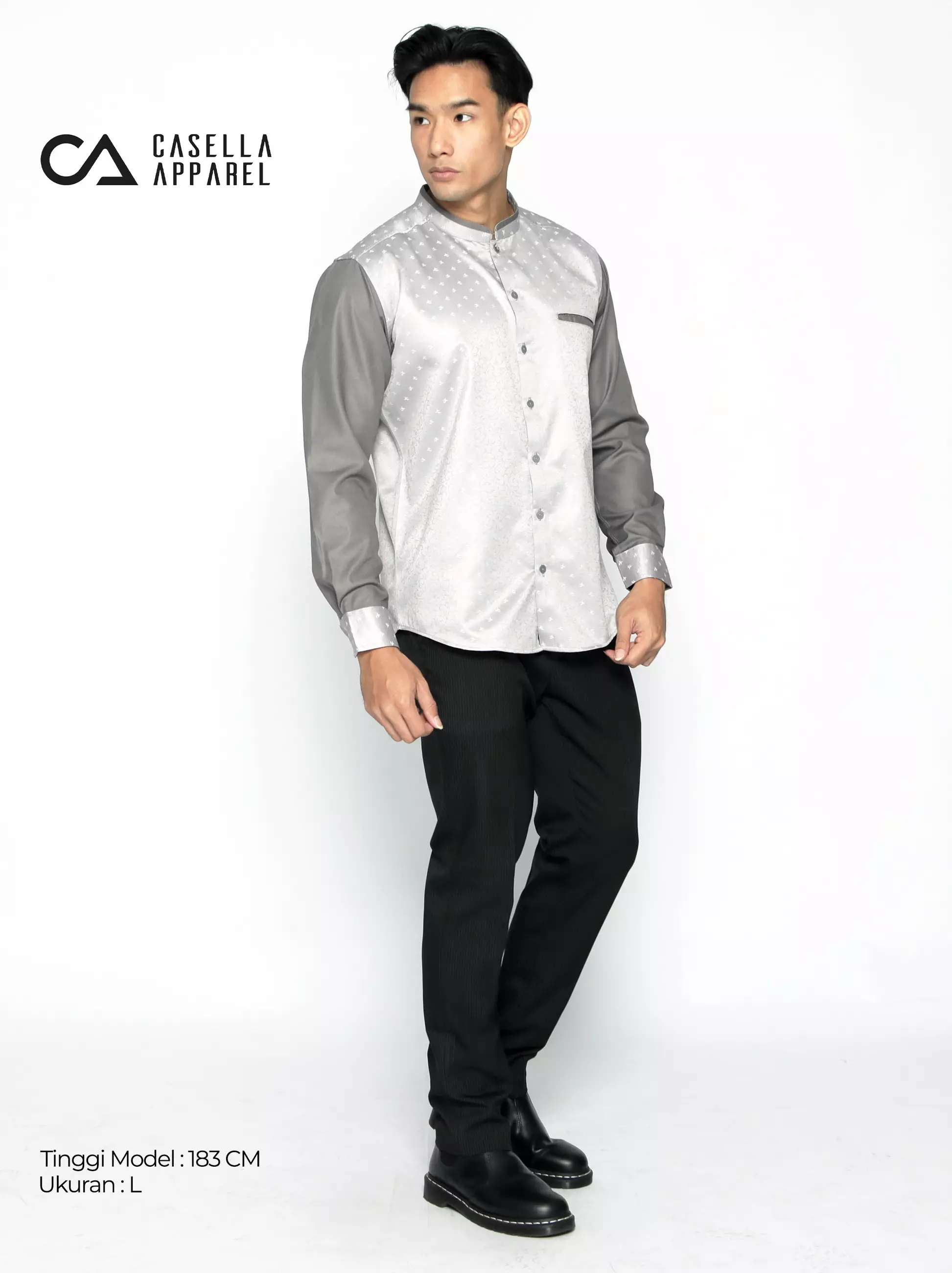 Casella Baju Koko Pria Lengan Panjang Kombinasi Batik Jeddah Design 9925 Silver