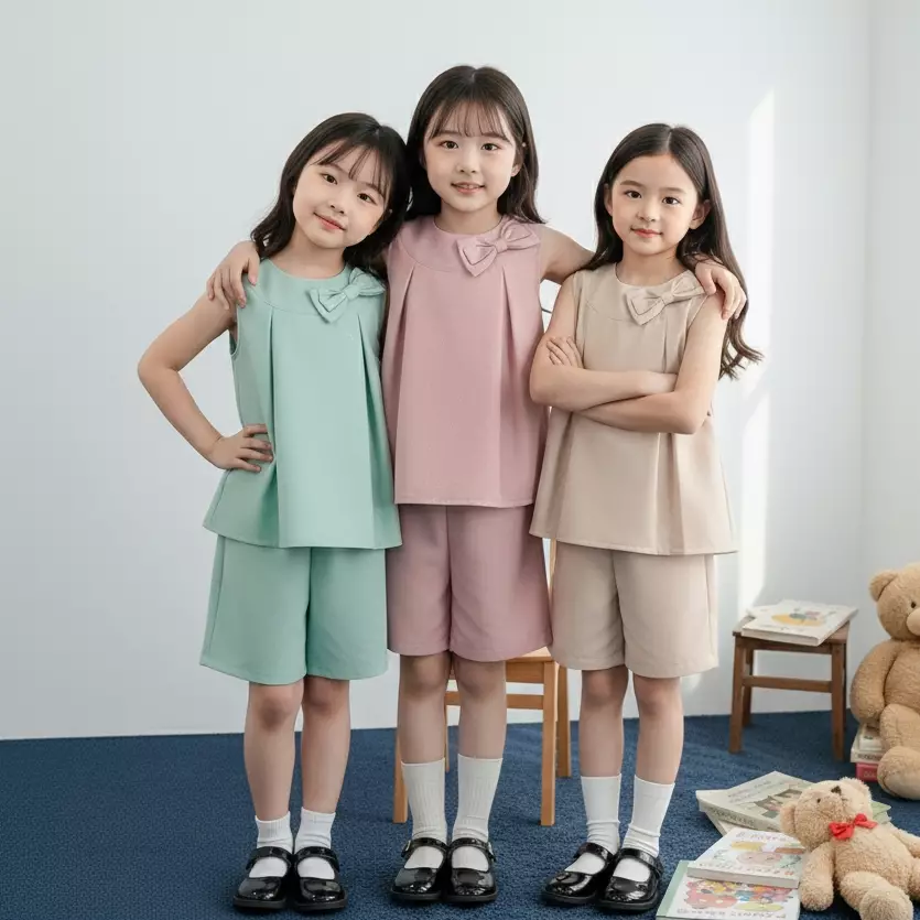 Two Mix - Naura Baju Setelan Anak Perempuan Pita Cantik Celana Pendek Lucu Korean Style Usia 2-8 Tahun 4458 Cream