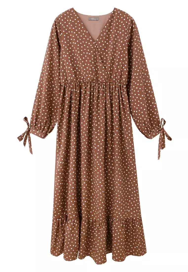 V-Neck Polka Dot Long Sleeve Tie-Waist Flared Midi Dress with Ruffle Hem [DA9448]