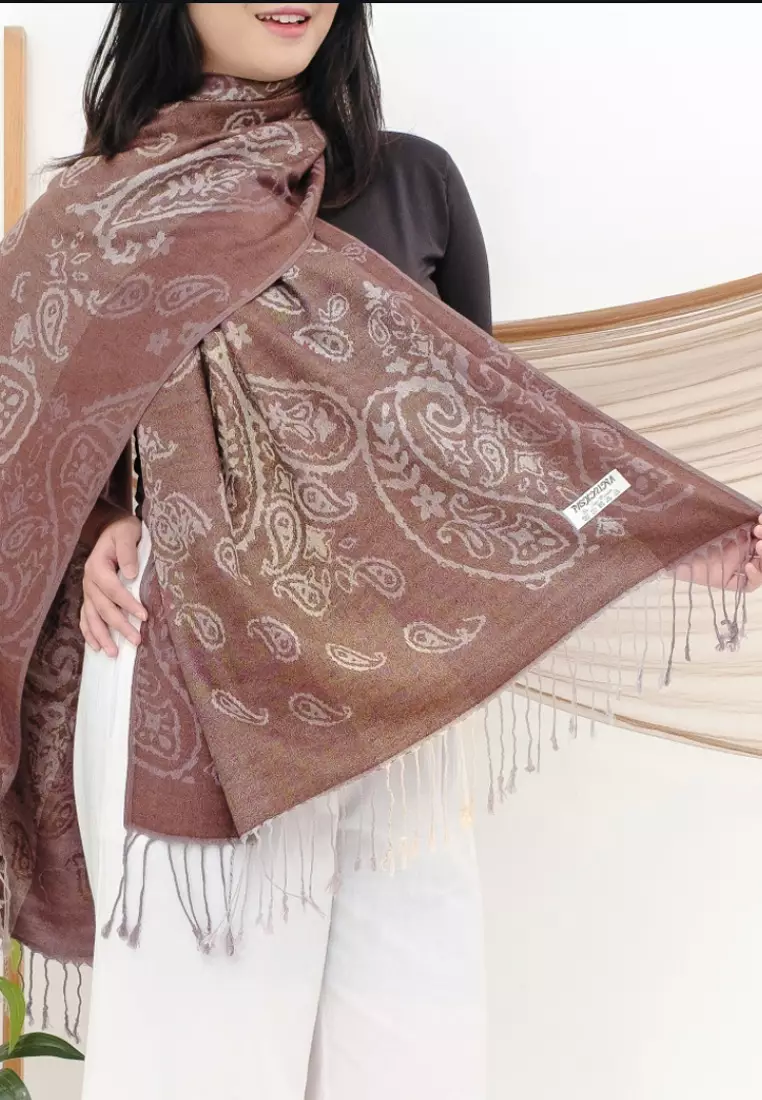 Aksesoris Wanita Reversible Viscose Gradient Paisley Pattern Pashmina Shawl Syal Gradasi Wanita Cocoa Brown