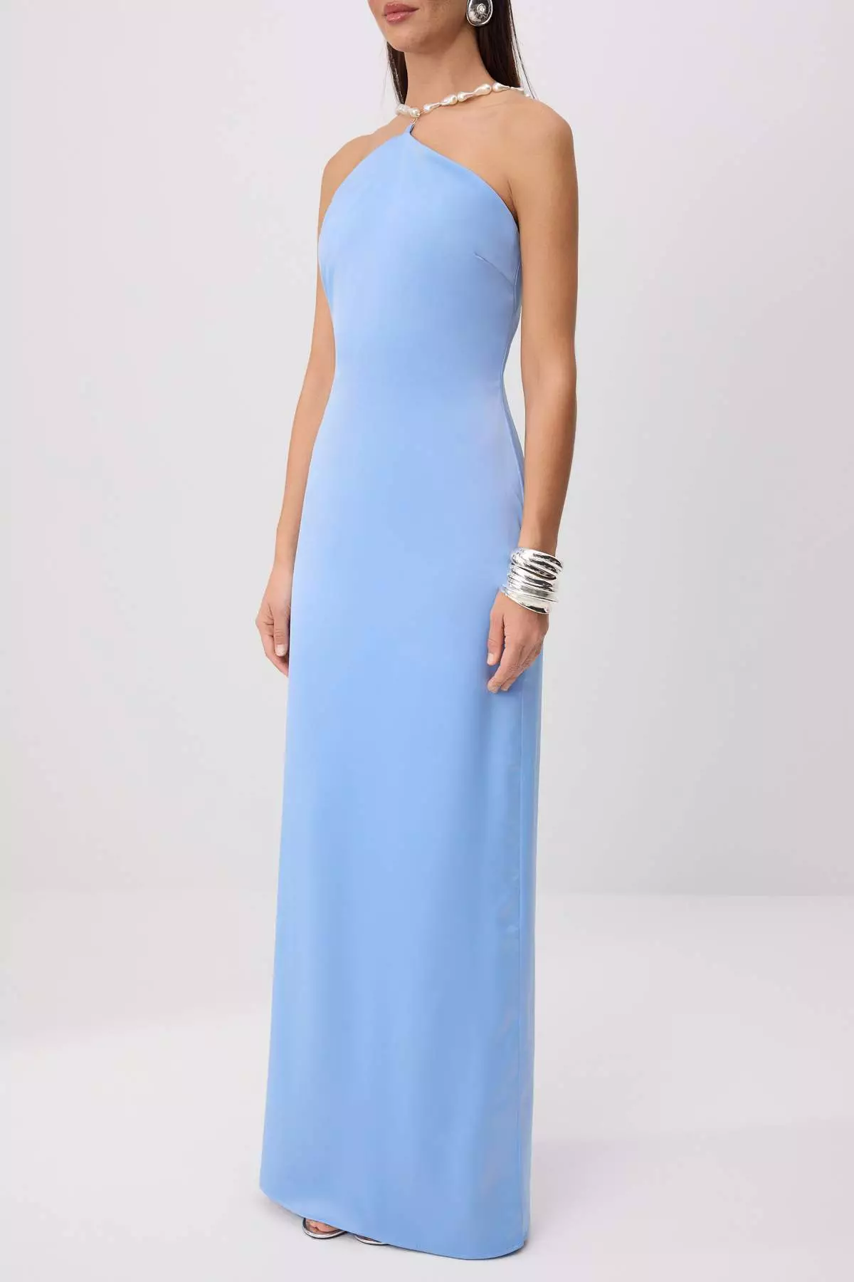 Light Blue Halter Neck Shift/Straight Maxi Woven Satin Evening & Homecoming Dress Tprss26Ae00127