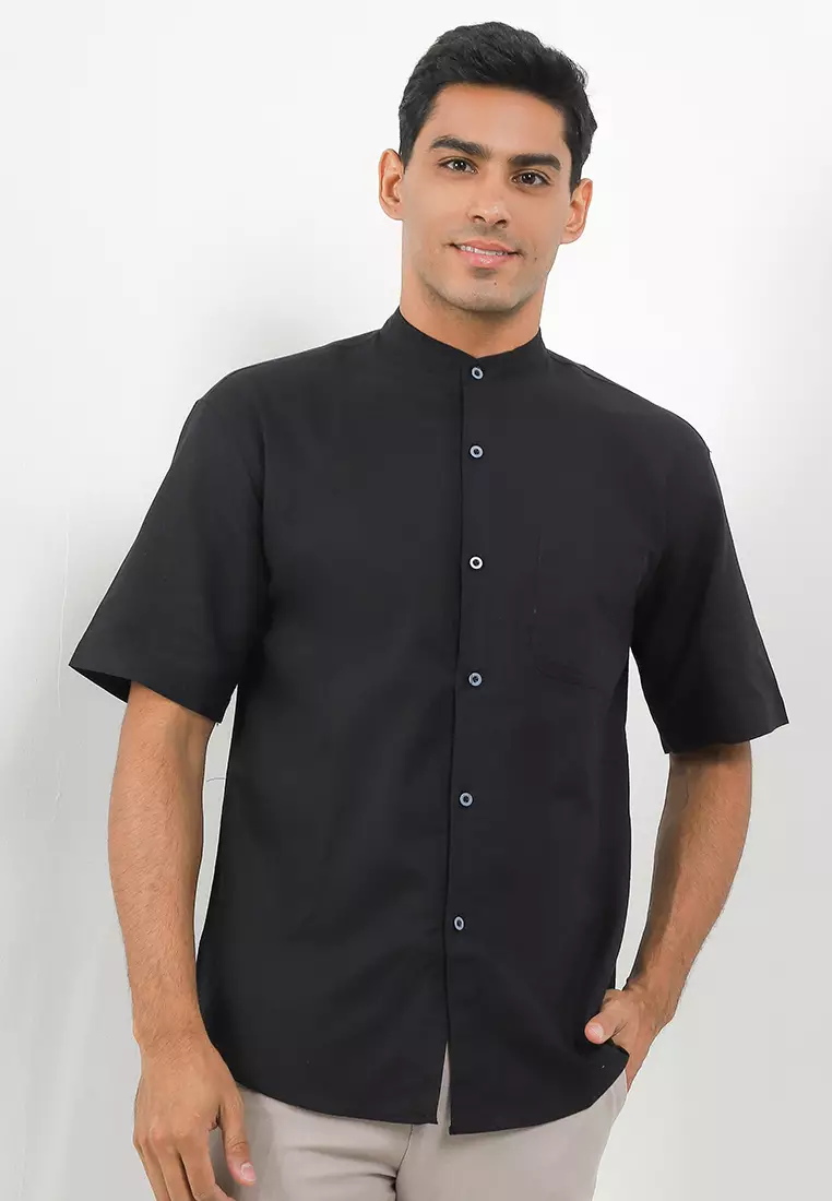 OSSU Ciangi Shanghai Black Short Sleeve Linen Cotton Shirt