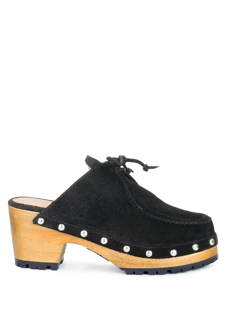 Black Suede Tie Detail Stud Clogs