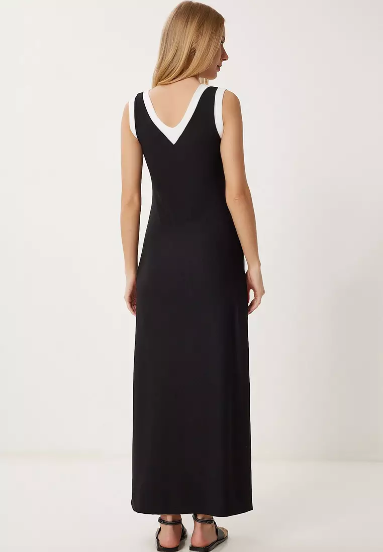 Women's Black White Contrast Color Stretchy Ribbed Knitted Dress Fw00012