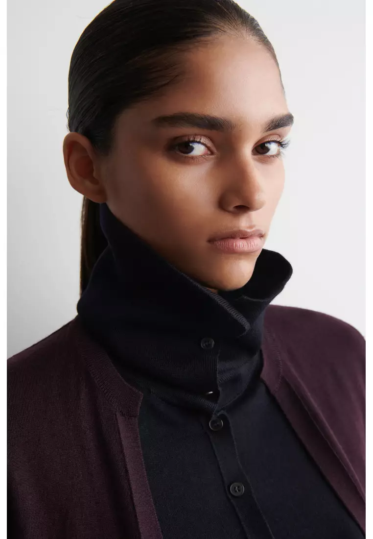 LAYERED MERINO WOOL HIGH-NECK CARDIGAN