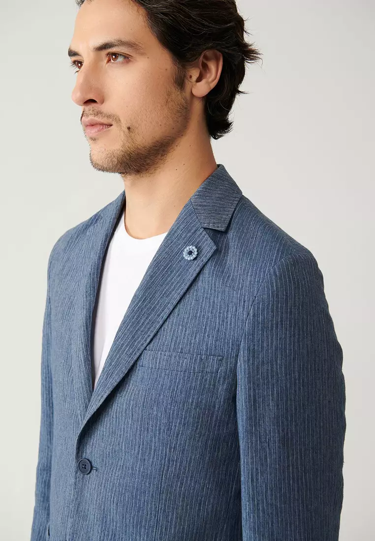 Men's Blue Unlined Linen Touch Suit Jacket A41Y4060