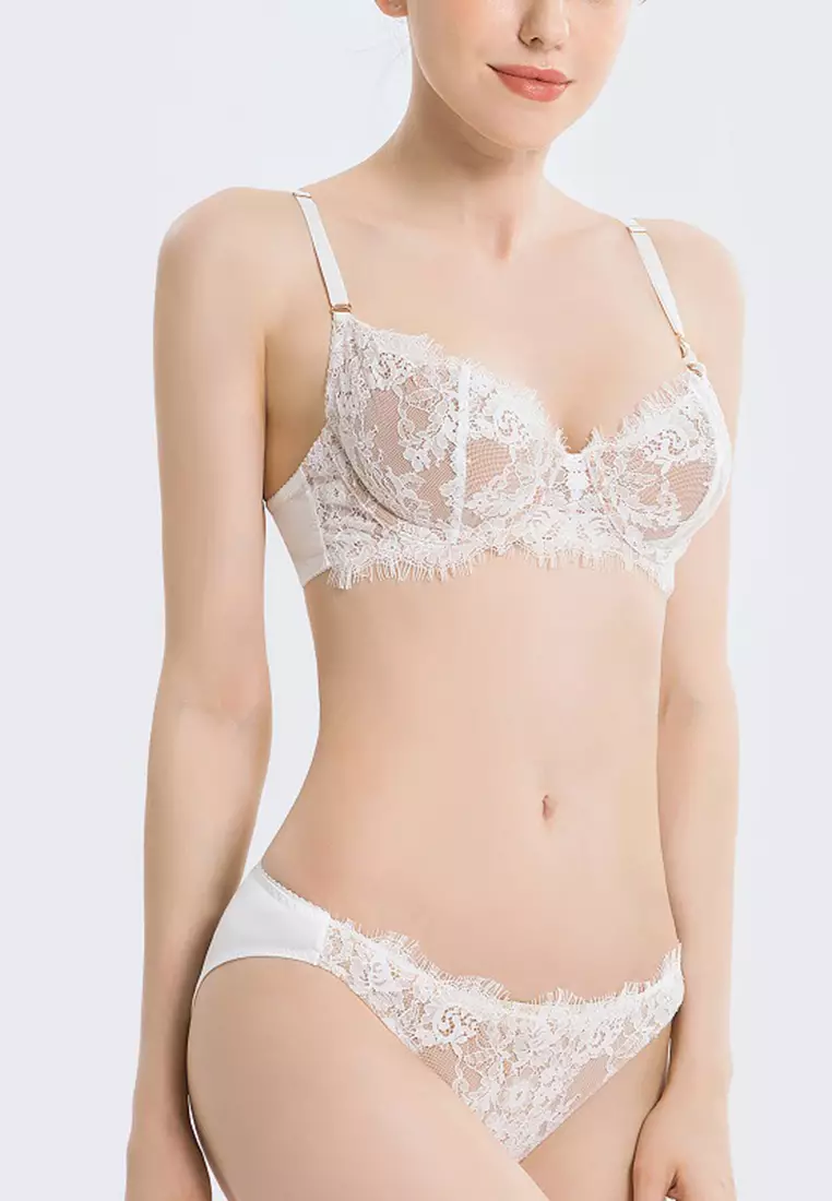 Buy ZITIQUE French Lace Transparent Ultra-thin Steel Bra And Panty Set-White  Online