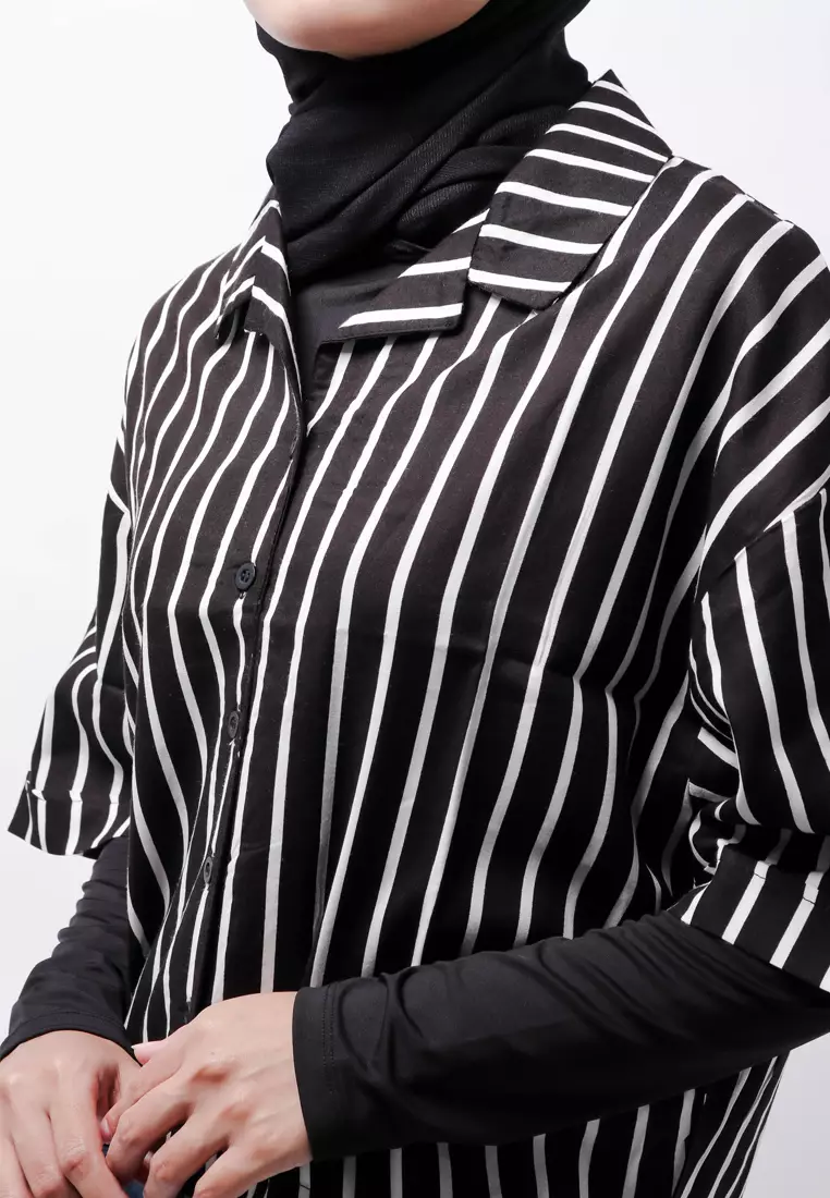 FTA57 Lkm Kemeja Oversize Wanita Tangan Pendek Tripe Putih Hitam