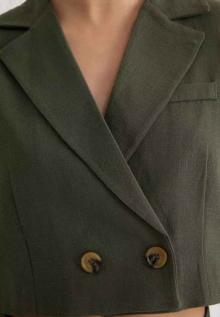 Khaki Linen Look Double Breasted Crop Short Woven Blazer Jacket