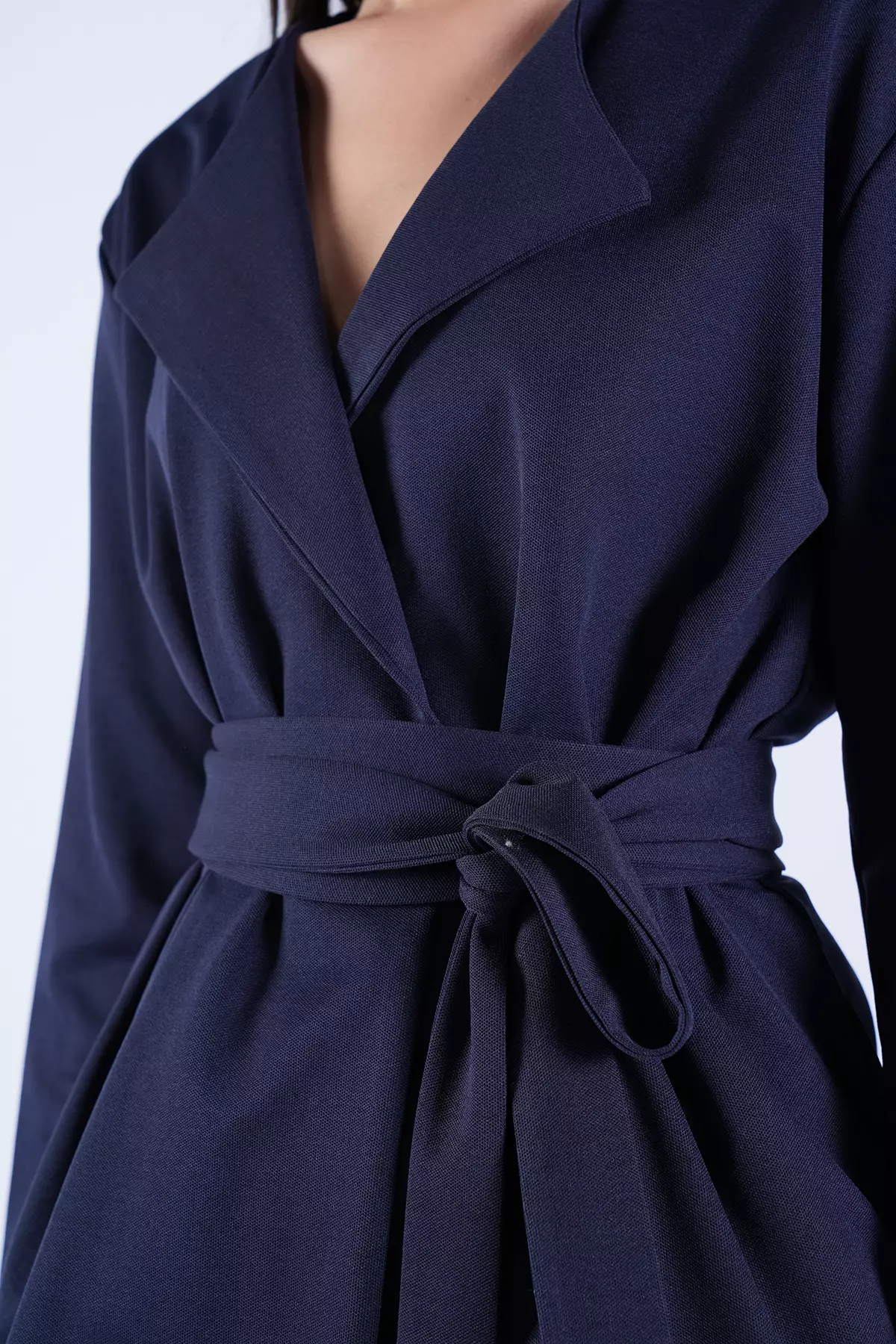 Women'S Navy Blue Self-Tie Belted Long Jacket And Double Pocket Trousers Set Alc-X15042