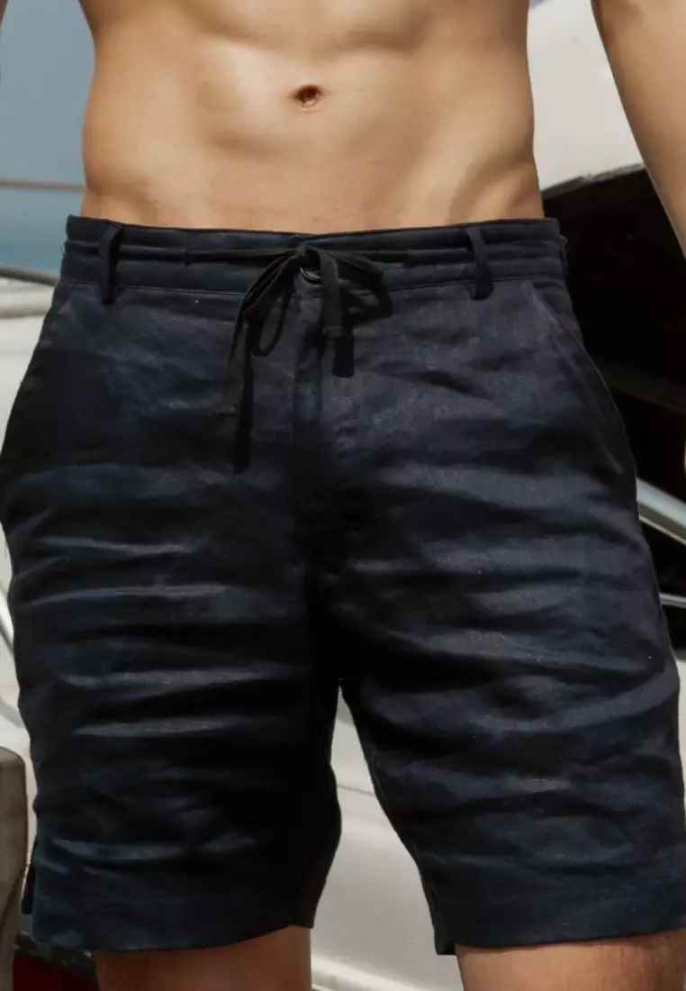 Ureki Celana Pendek Linen Pria Hitam Kebiruan | Linen Short Pants Blue Black