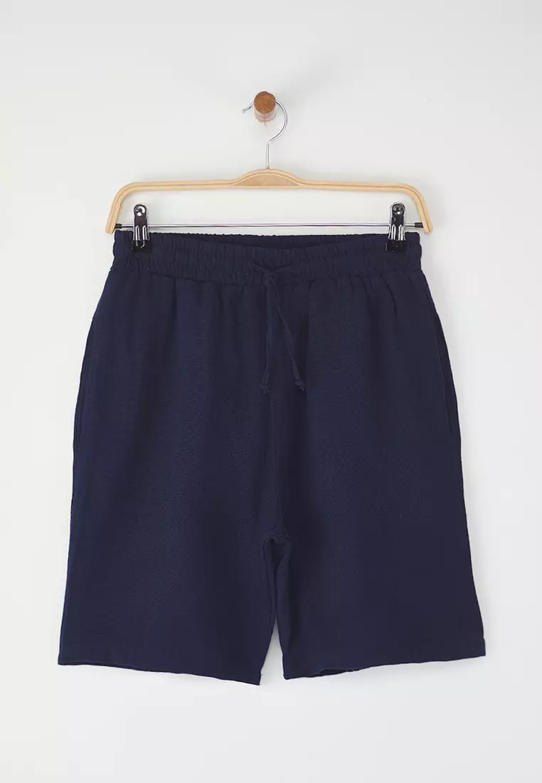 Navy Blue Regular Fit Muslin Fabric Linen Look 100% Cotton Shorts TMNSS25SR00059