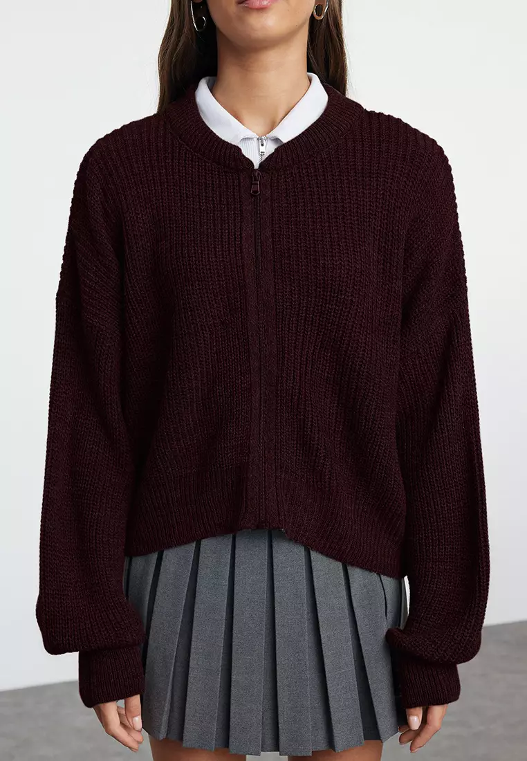 Brown Wide Pattern Bomber Collar Zippered Knitwear Cardigan TWOAW24HI00153