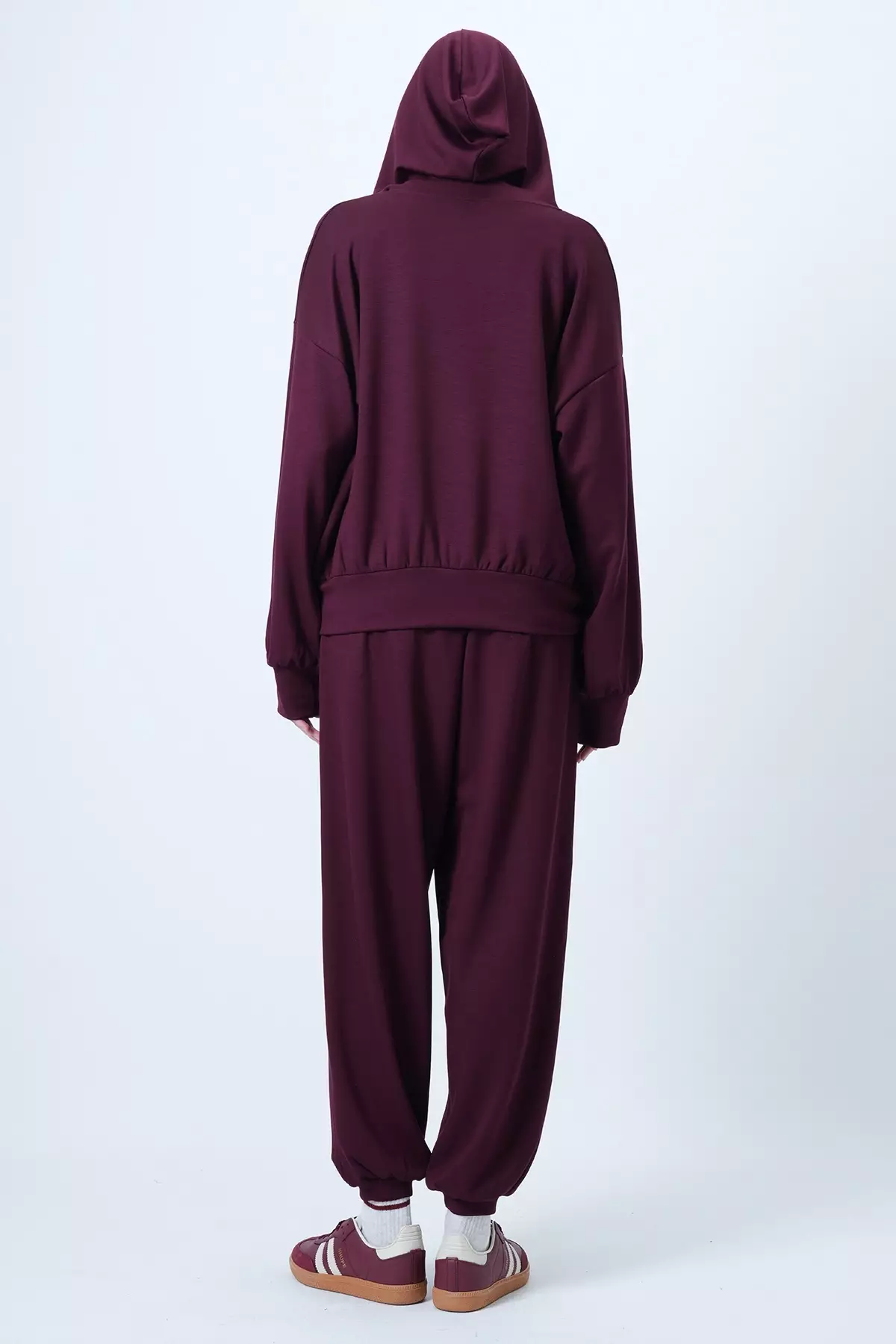 Burgundy Hooded V-Neck Oversize Modal Sweatshirt And Trousers Set Alc-X14646