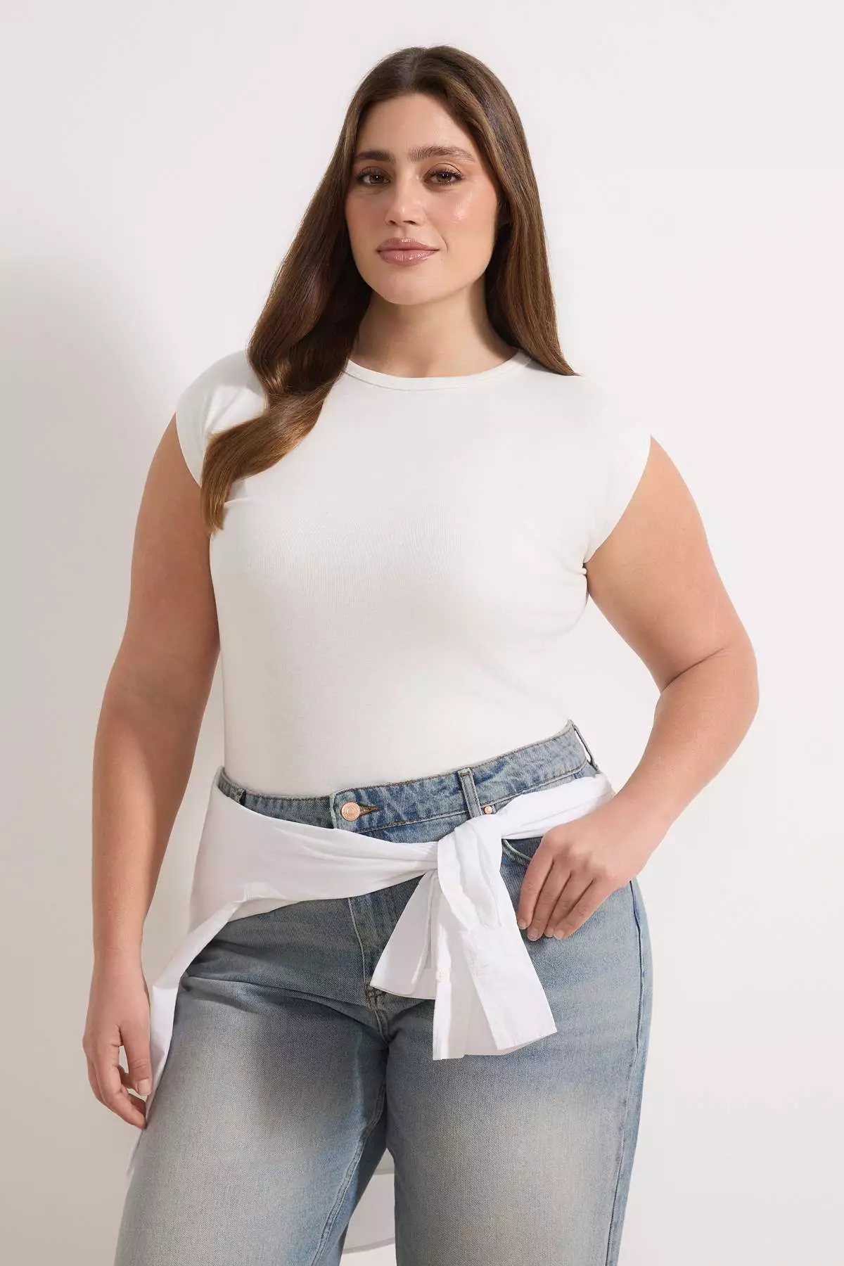 Ecru Viscose Ribbed Flexible Comfortable Basic Knitted Plus Size Blouse Tbbss26Af00053