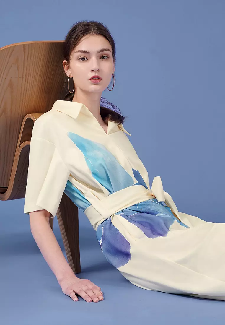 V-Collar Art Print Tied Waist Romper