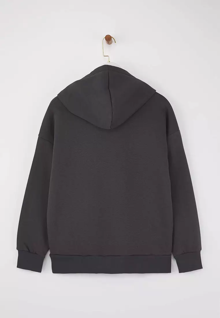 Anthracite Oversize/Wide Pattern Embroidered Thick Inside Polar Fleece Knitted Sweatshirt