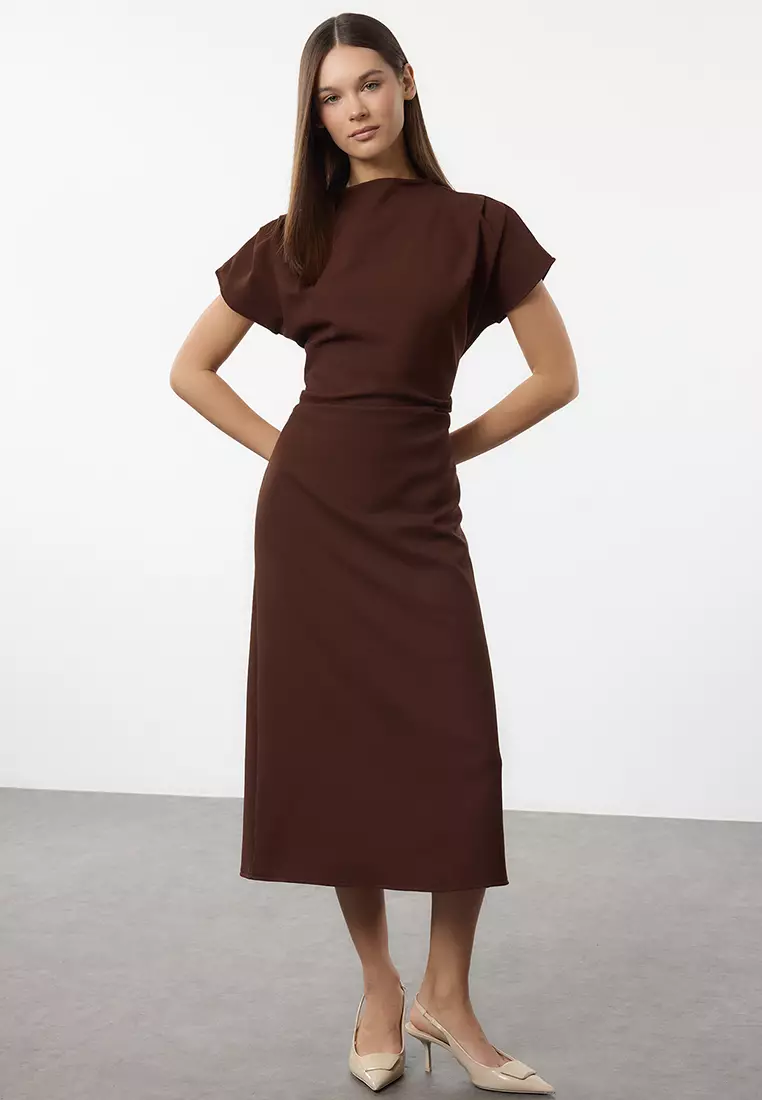 Brown A-Line Cowl Neck Midi Crepe Woven Dress TWOAW25EL00393