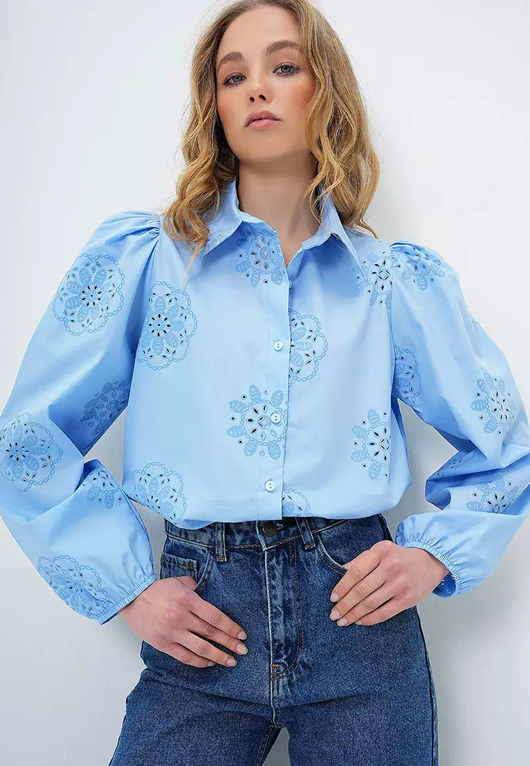 Women's Baby Blue Guipure Woven Premium Shirt Alc-X4366