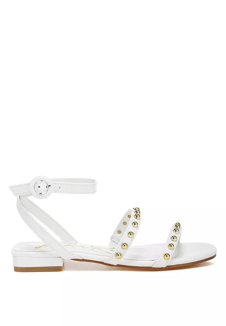 Studded Ankle Strap Flat Sandals in White