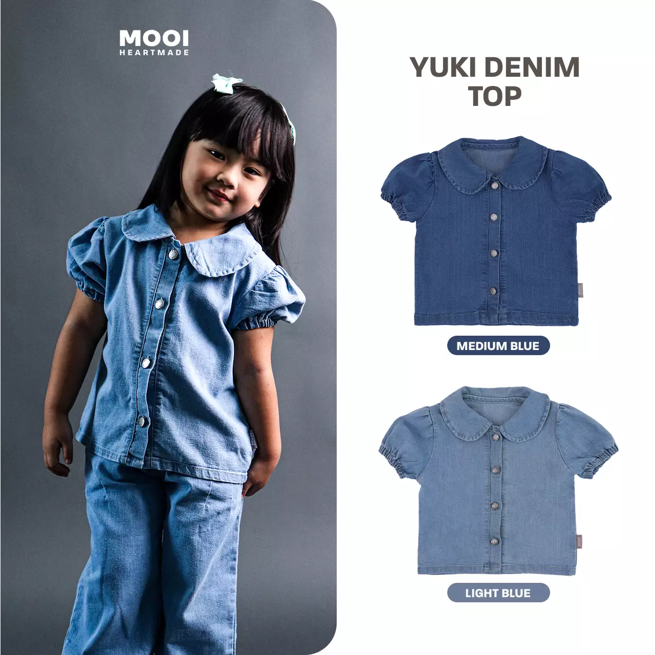 Mooi Kemeja Jeans Anak Yuki Denim Top - Medium Blue