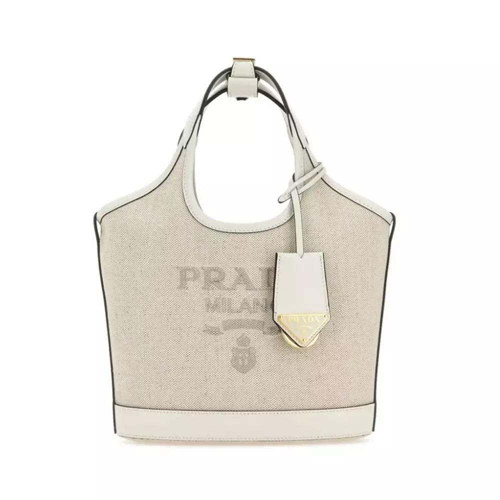 国内発 PRADA Linen blend and leather mini-buckle bag 人気 Jual Prada Logo Embossed Linen Blend Leather Mini-Buckle Bag