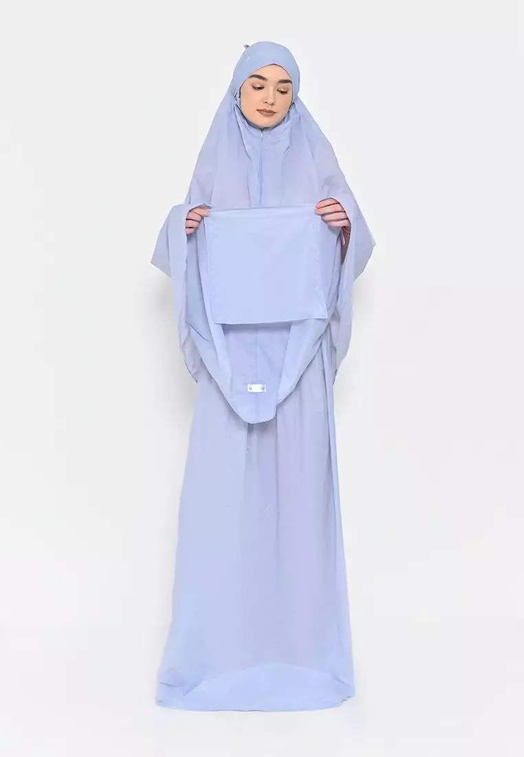 Mukena Traveling Mini Pouch Powder Blue Free Sajadah Travel