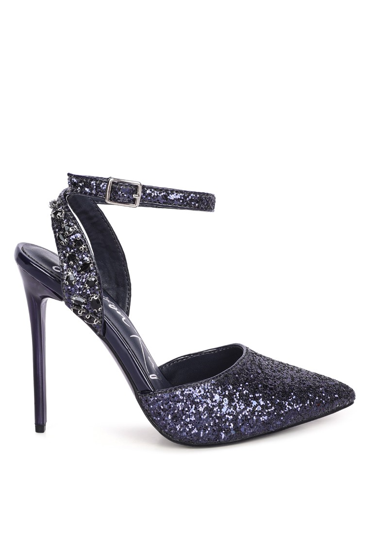 Dark Blue High Heeled Glitter Sandals