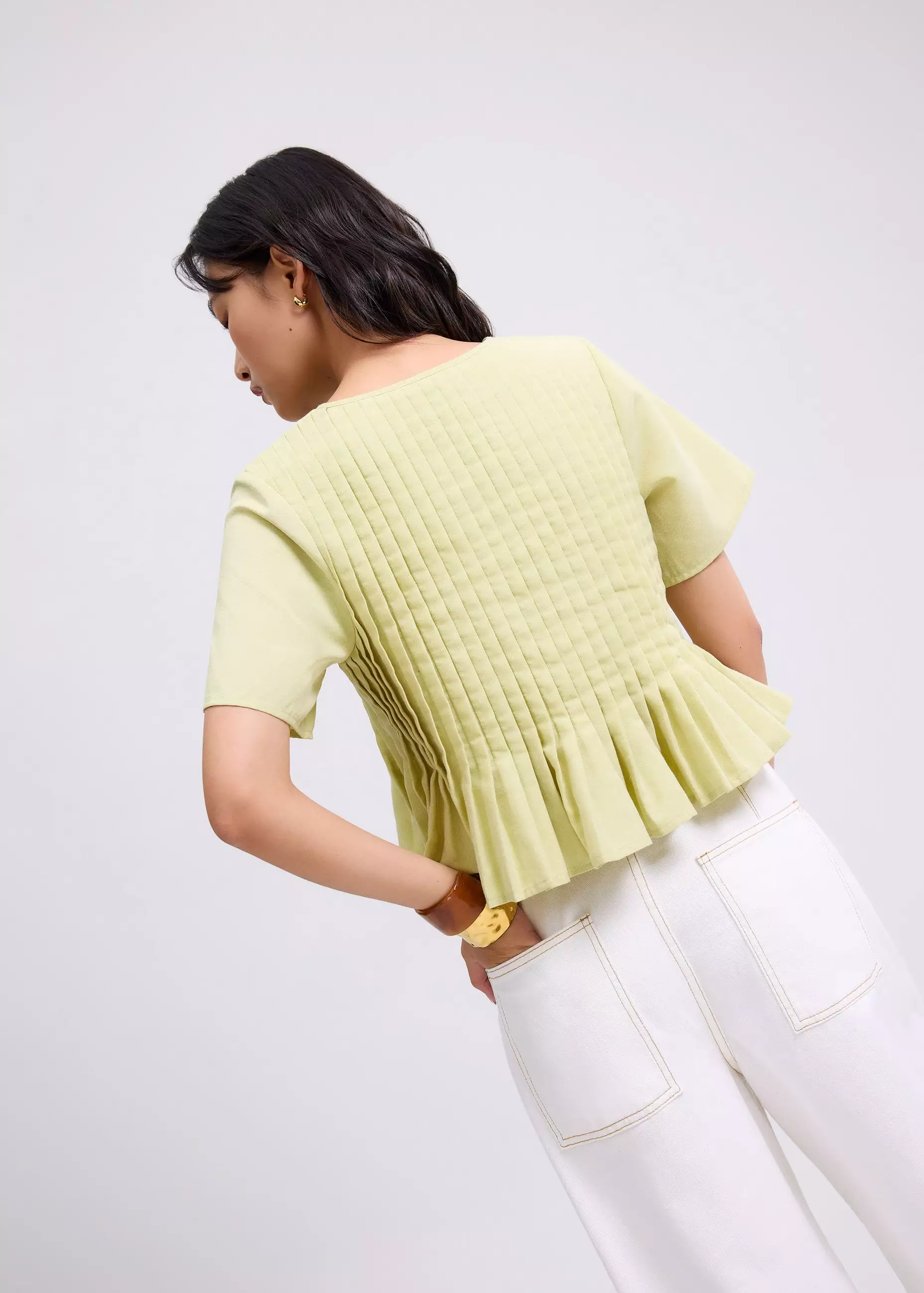 Atasan Wanita - Oxford Pintuck Notched Peplum Top