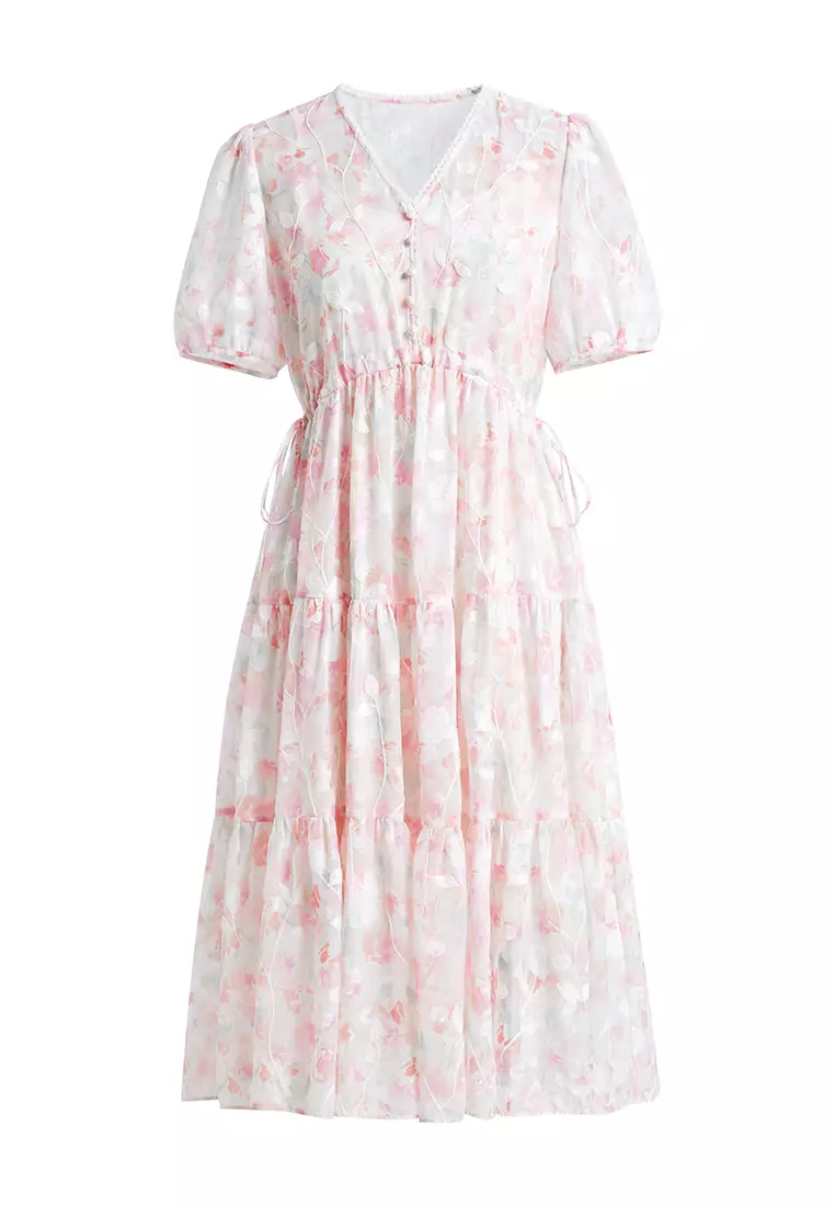 Puff Sleeve V-Neck Ruched Floral Dress with Waist Tie
