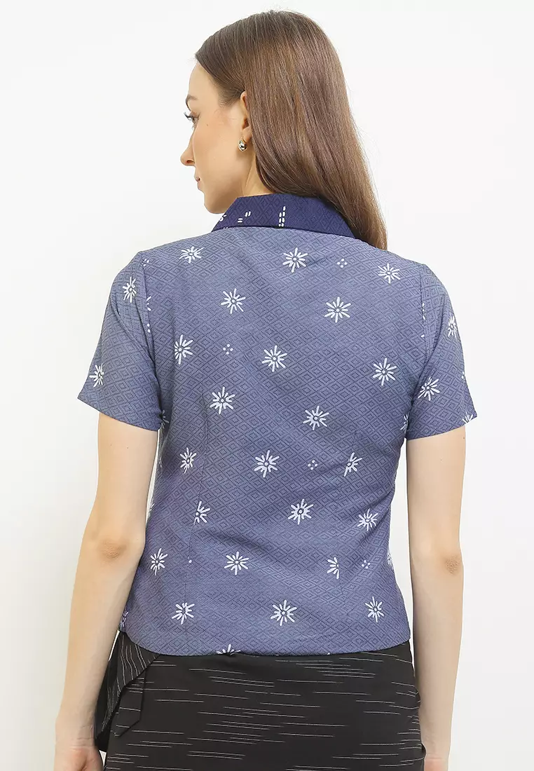 Blouse Kebaya Atasan Wanita Kutubaru Erena Lengan Pendek Blue
