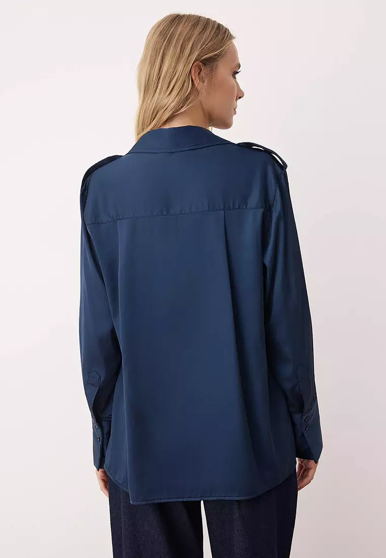 Navy Blue Epaulette Satin Shirt Twoaw26Go00039