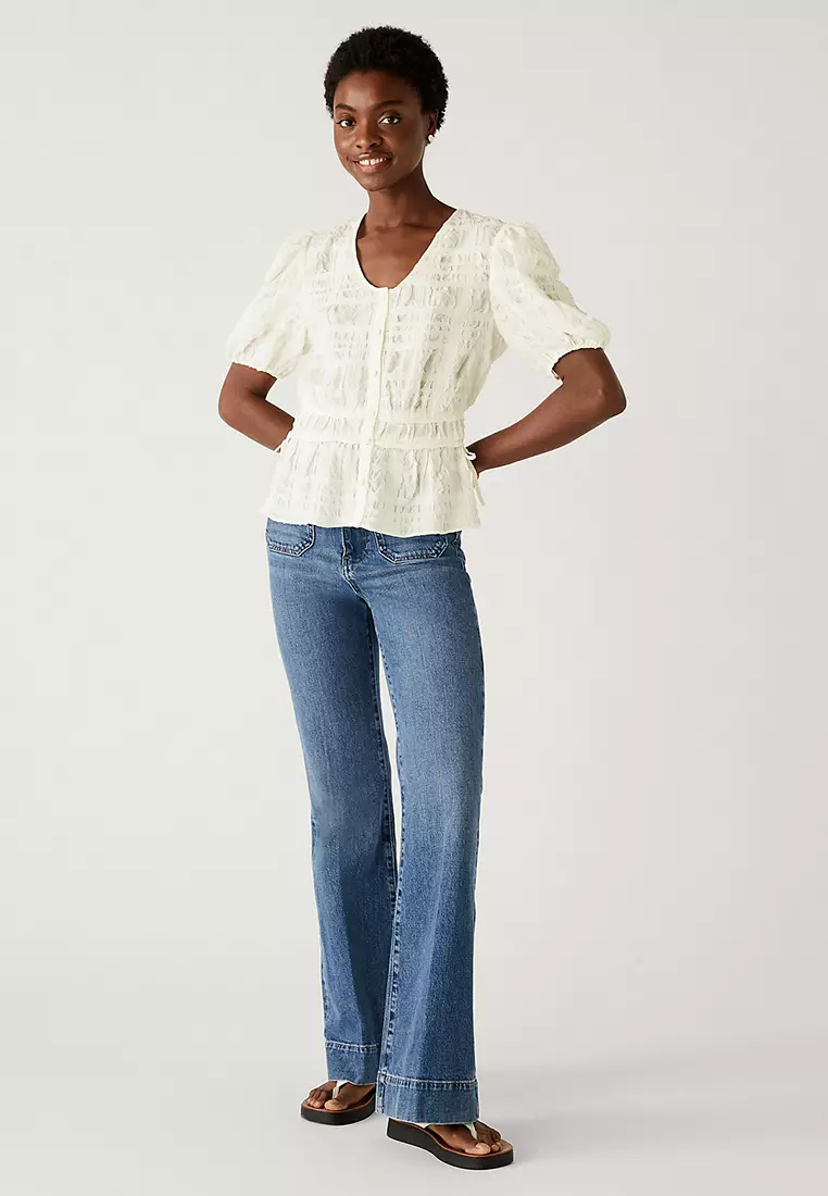 Textured V-Neck Button Through Blouse