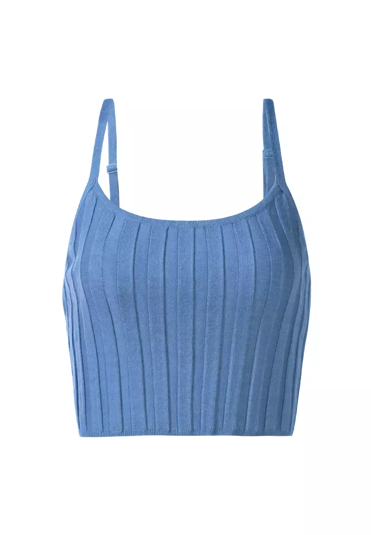 Rib Knit Spaghetti Crop Top dalam Denim Blue