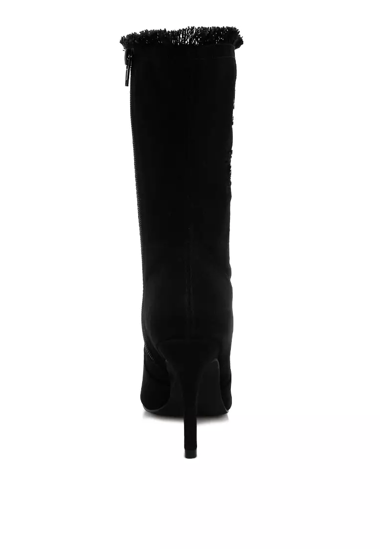 Distressed Denim Mid-Calf Boots in Black