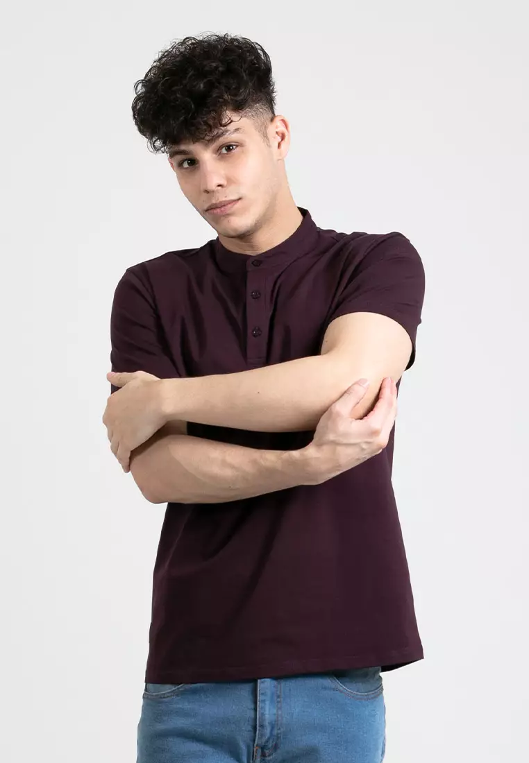 Forest Premium Weight Cotton Stretchable Mandarin Collar T Shirt Men Slim Fit Tee 23856-70DkPurple