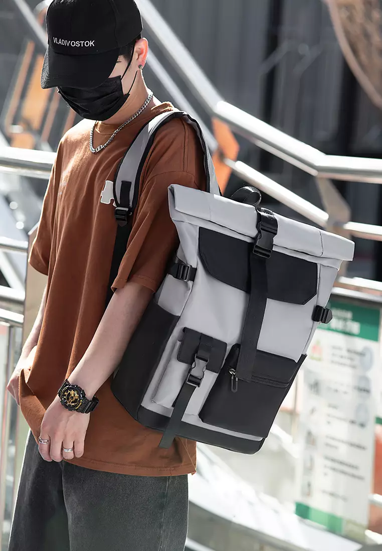 Men's Plain Capacious Wear-resistant Oxford Cloth Buckle Backpack - Light Grey