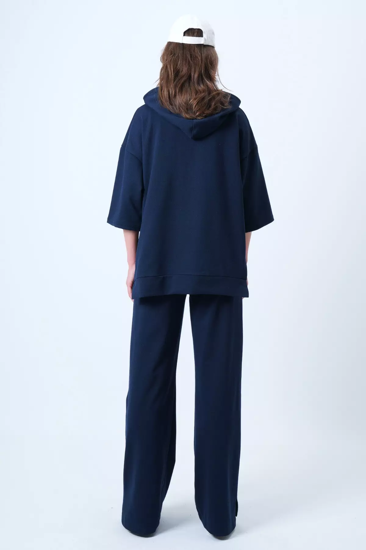 Navy Blue Hooded Sweatshirt With Side Slits And Wide-Legged Trousers Set Alc-X14607