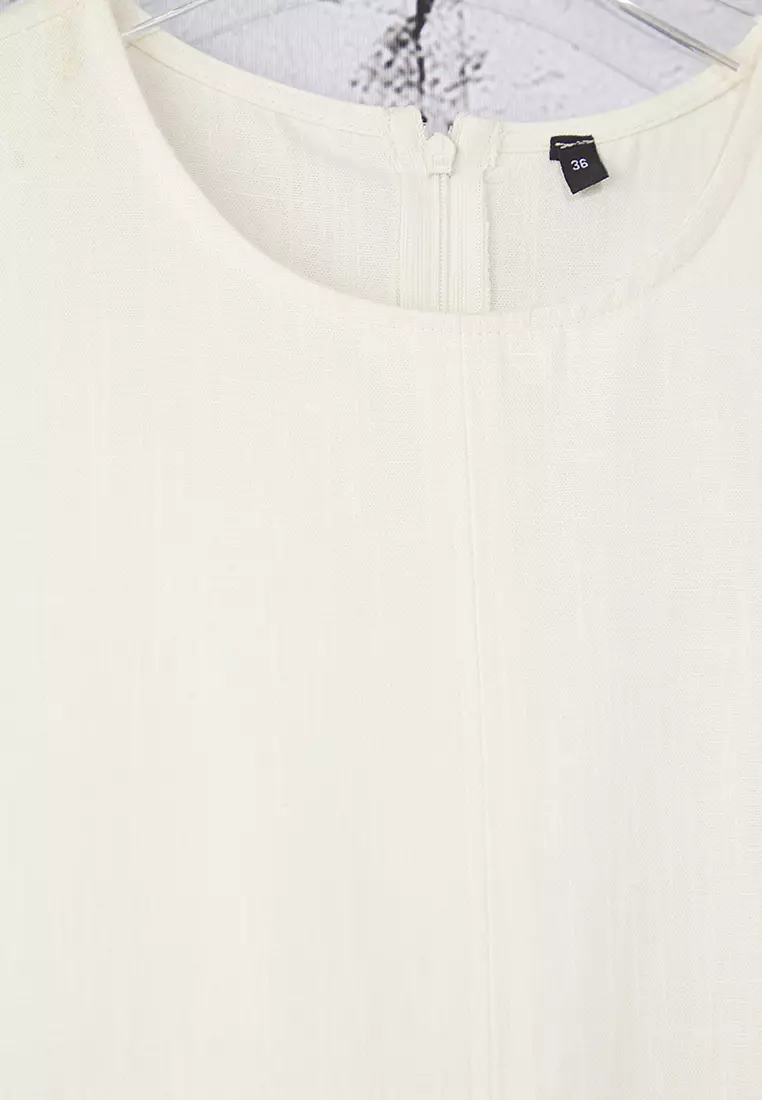 White Linen Blended Midi Dress With Stitching And Pocket Detail
