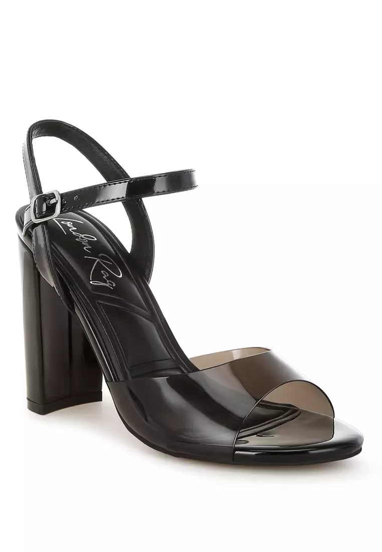 Tinted Clear Strap Block Heel Sandals in Black