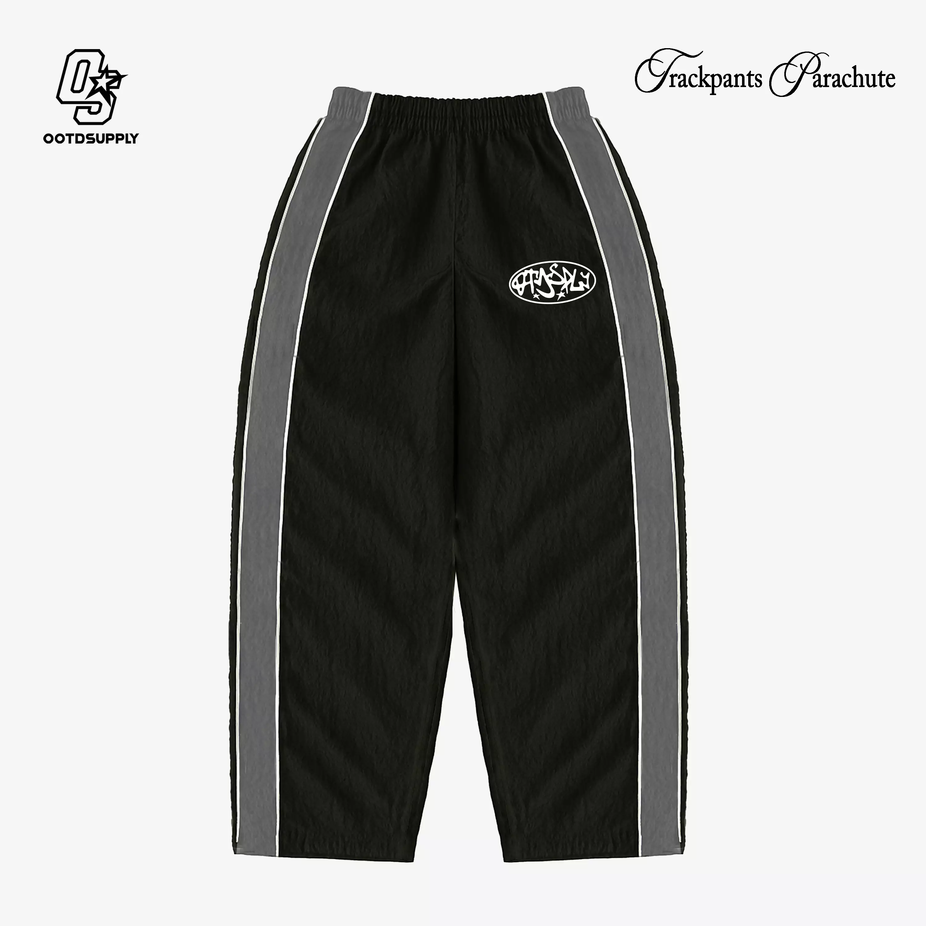OOTDSUPPLY Trackpant Parachute Circle Black Grey l Celana Panjang Parasut | Longpants Sporty Unisex | TRP-CLN-BGRY