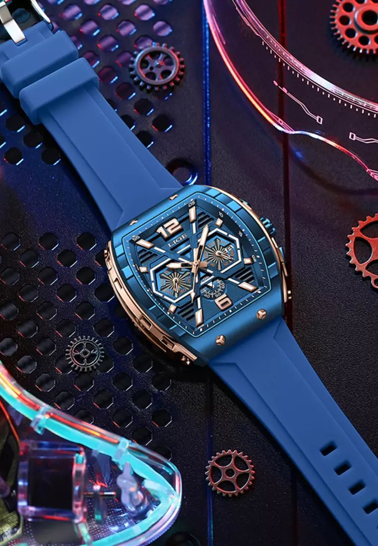 Unisex Tonneau Shaped IP Blue & Rose Gold Color Quartz Watch, Rubber Strap