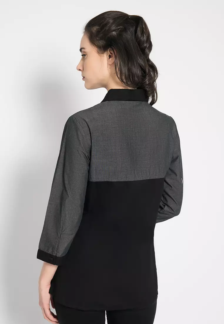 LGS - Kemeja Wanita - Lengan Panjang - Motif Polos - Warna Kombinasi Hitam - LSH.383.O1431L.629.C