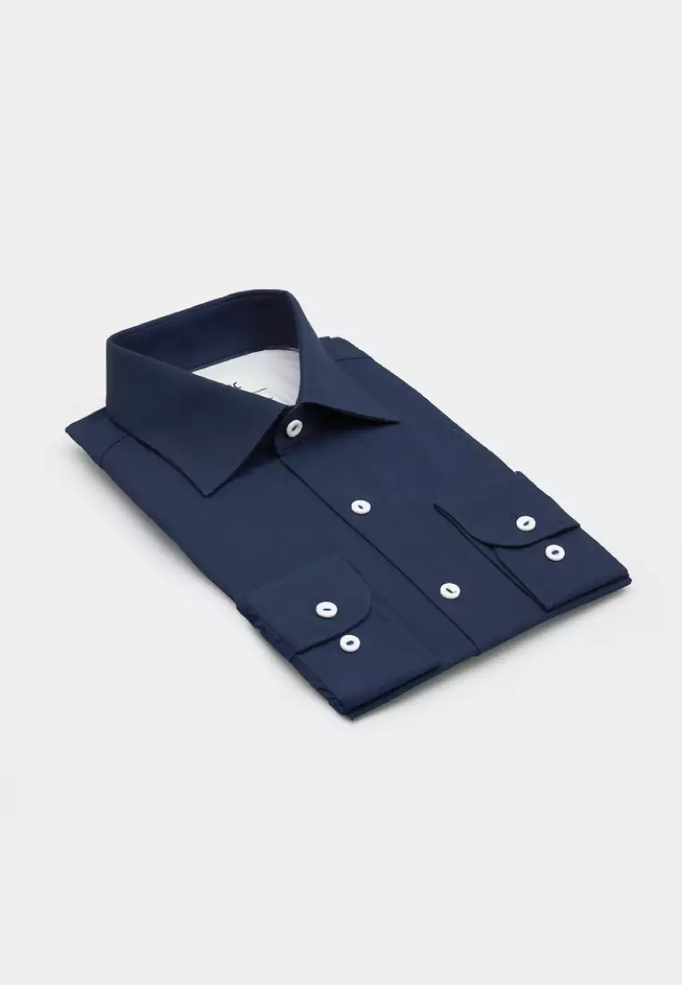 藏青素色織紋標準版長袖襯衫