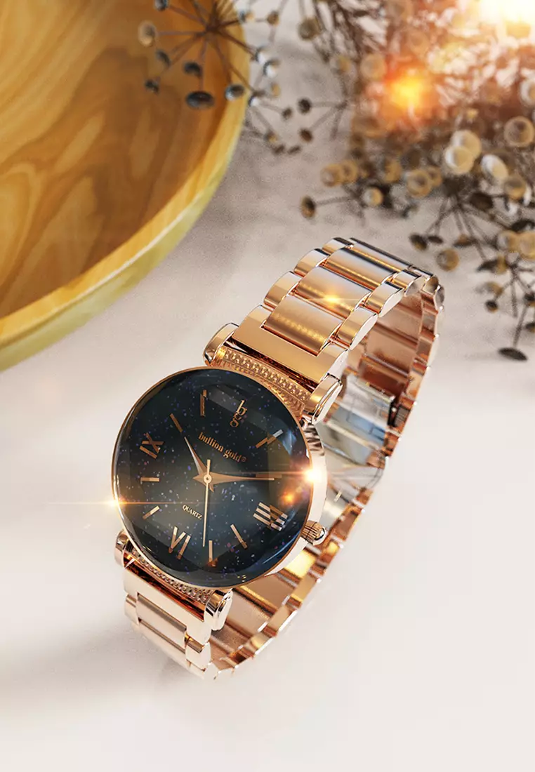 Romish Watch Embellished with Glittering Crystals - Rose Gold and Black