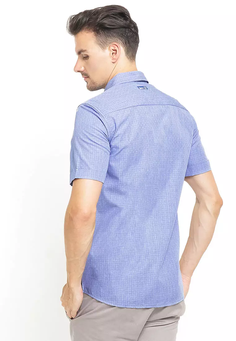 Johnwin - Slim Fit - Kemeja Casual Active - Kotak Halus - Biru - Free Keychain