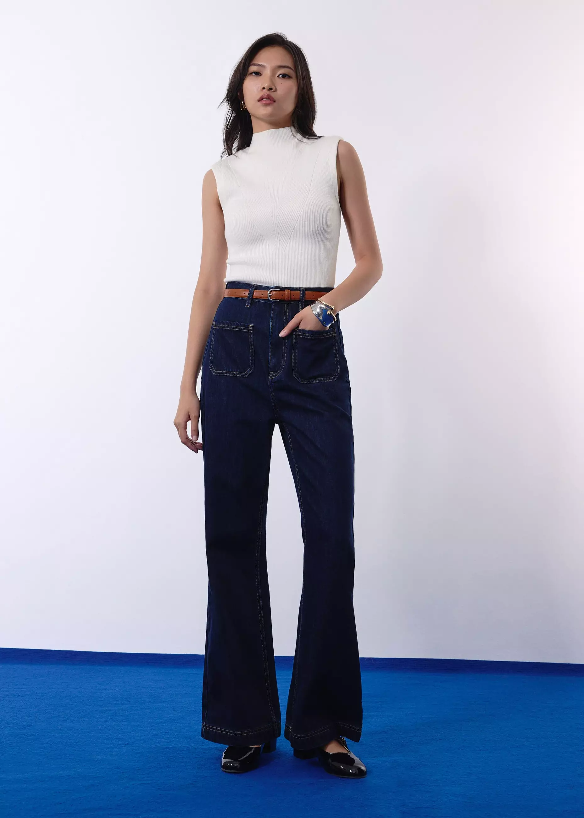 Atasan Wanita - Rae Shoulder Padded Knit Mock Neck Top