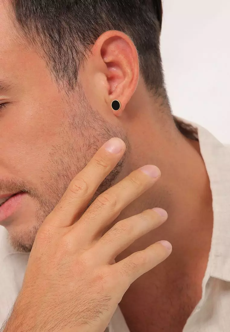 EXCLUSIVE Anting Perhiasan Perak 925 Pria Stud Circle Basic Geo Enamel Gold Plated